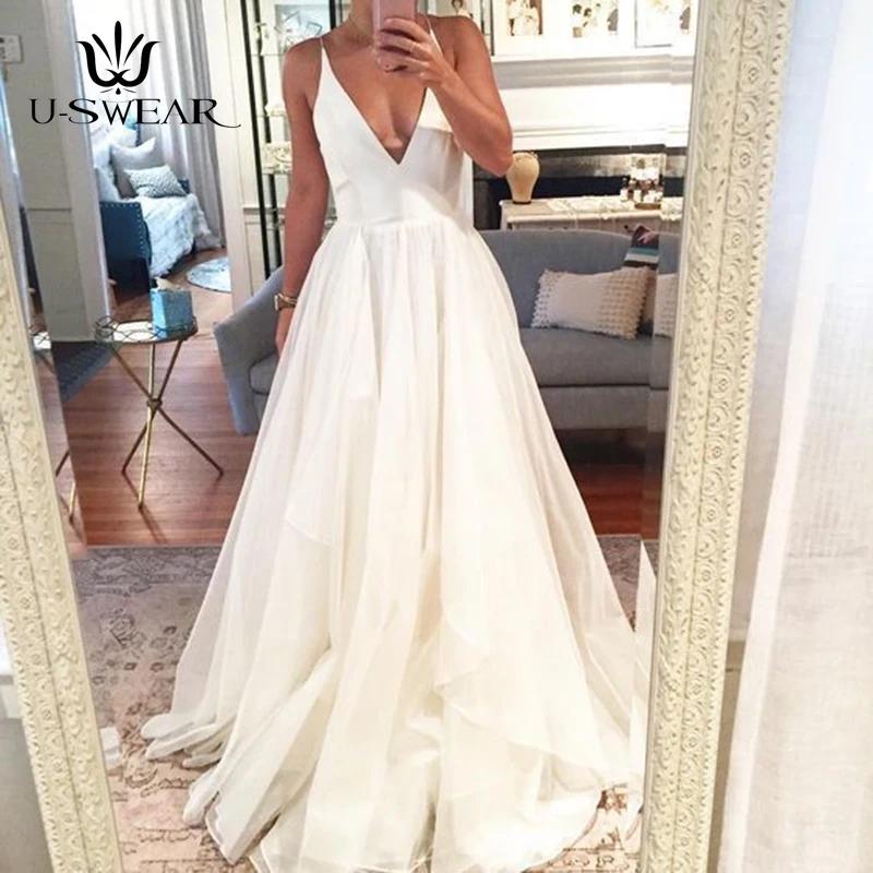 

U-SWEAR Long Dresses Evening 2019 Sexy V-Neck Sleeveless Backless Evening Prom Party Formal Gown Slim White Dress Robe De Soiree