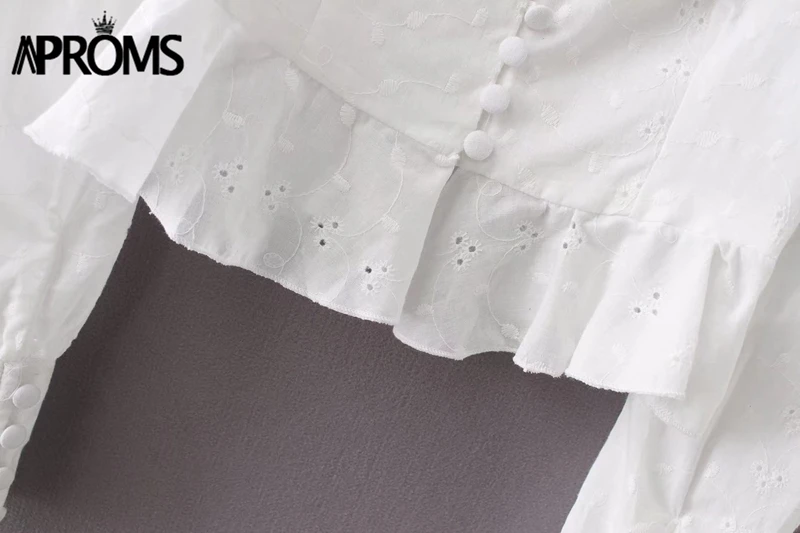 Aproms Sexy Square  Neck Long Sleeve Lace Crochet Blouse Shirt Women Button Down White Crop Tops Summer High Street Blusas 2020