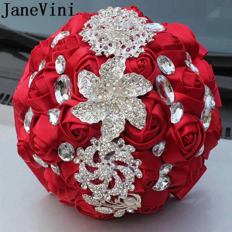 JaneVini Satin Ribbon Flowers Crystal Wedding Bouquets Luxury Diamond Rhinestone Bridal Bouquet Red Artificial Brooch Custom