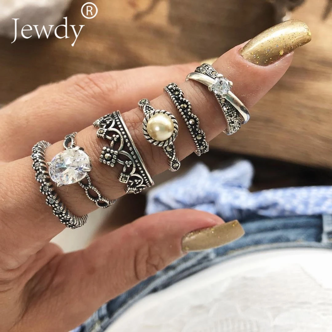 

6Pcs/Set Simulated Pearl Fashion Bohemian Crown Pattern Vintage Crystal Lotus Flower Hand Ring For Women Wedding gifts