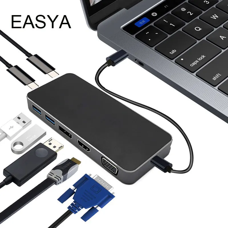 

EASYA 8-in-1 Thunderbolt 3 USB C Hub Dock Adapter with HDMI VGA Display USB-C Dongle Power Delivery for Macbook Pro