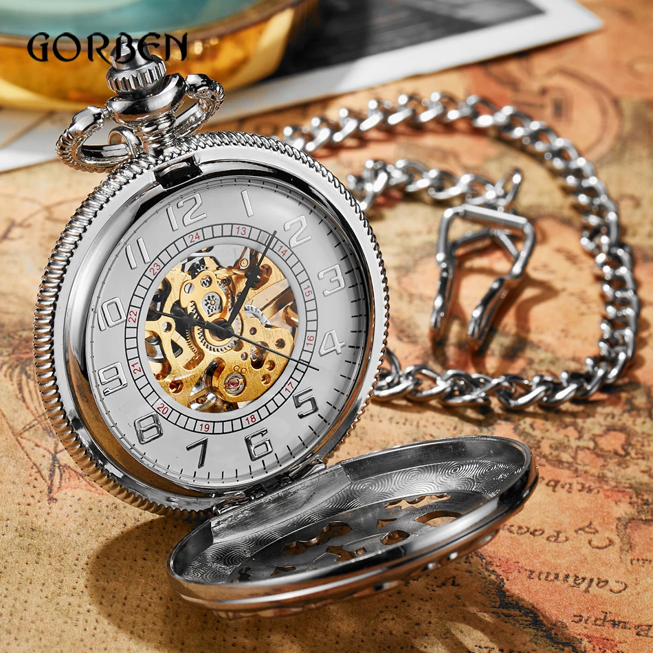 Steampunk Bronze Skeleton Mechanical Pocket Watch DAD Silver Hollow