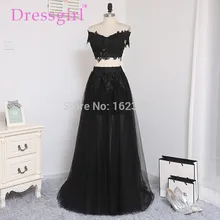 Dressgirl Zwei Stücke 2017 Prom Kleider A-line V-ausschnitt Cap Sleeves Schwarz Appliques Spitze Abendkleid Abendkleider Abendkleid