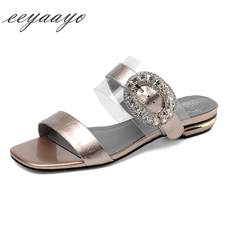 

2019 New Summer Genuine Leather Women Slippers Low Square Heel Crystal Buckle Fashion Casual Women Shoes Outside Mules Slides