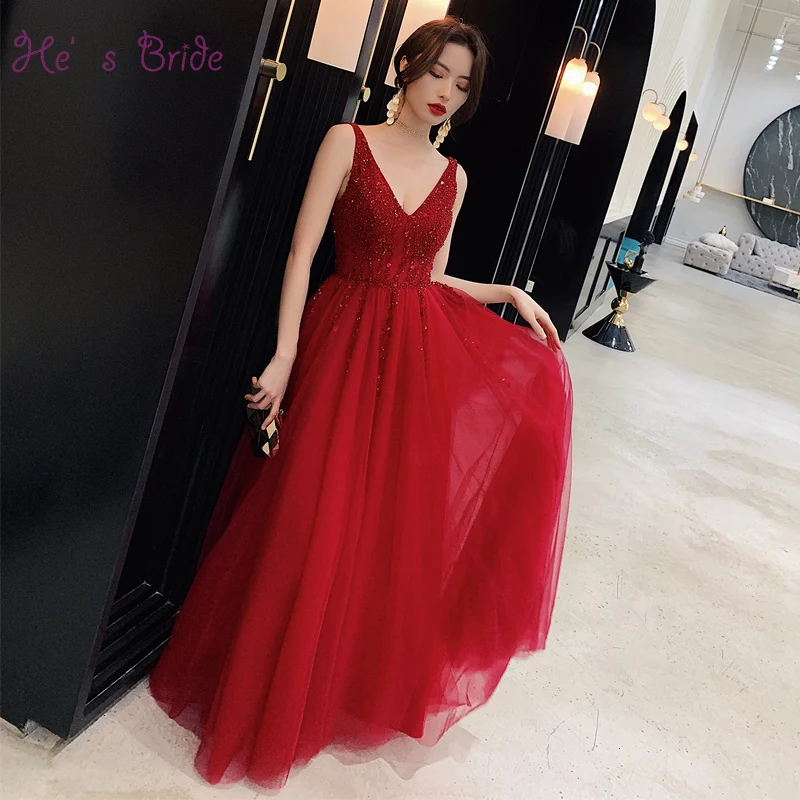 

He's Bride New Wine Red Evening Dress Sexy V-neck Backless Sequins Beading Prom Formal Grown Robe De Soiree
