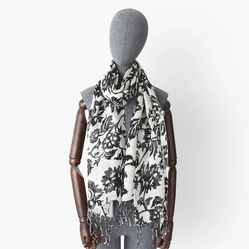 

black white flower print 100% linen scarves with tassel women fashion thin long artsy scarf lady autumn shawl wraps bufanda
