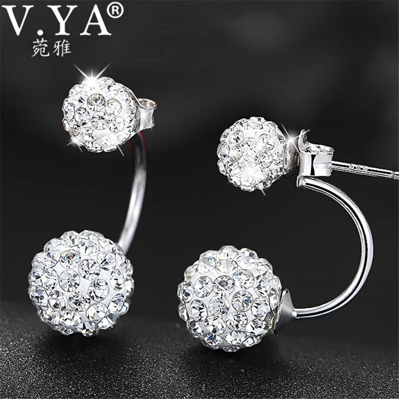 

925 Sterling Silver Earring 100% Real Pure S925 Solid Silver AAA Crystal Stud Earrings for Women Jewelry Double Ball Earring E02