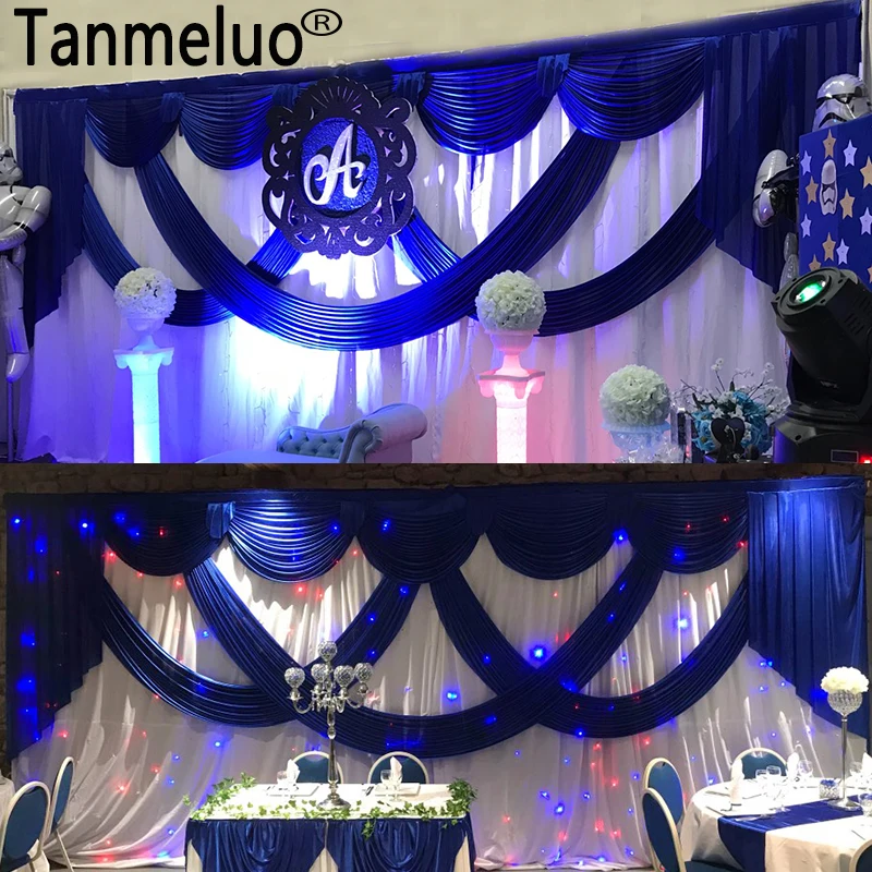 3*6M White Ice Silk Wedding Backdrops with Royal Blue Swag Stage Background Drape and Curtain Wedding Decoration