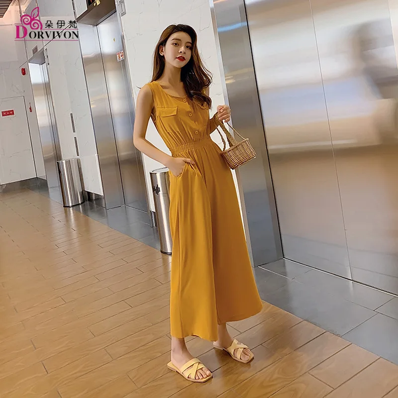 

Summer version of the new sleeveless loose jumpers temperament elastic high waist fashion casual slim straight jumpers women