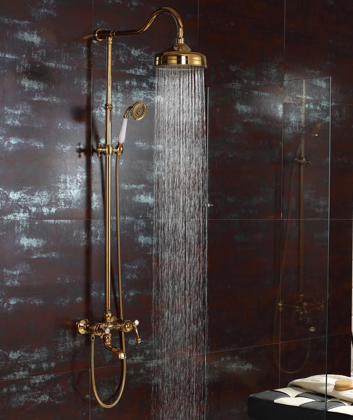 

Free ship Gold Pvd clour Waterfall Rainfall shower tub faucet mixer tap with handshower