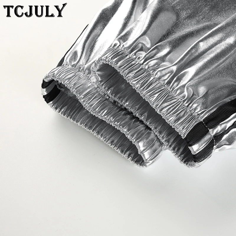 Модные блестящие Серебристые брюки TCJULY в полоску сбоку женские свободные