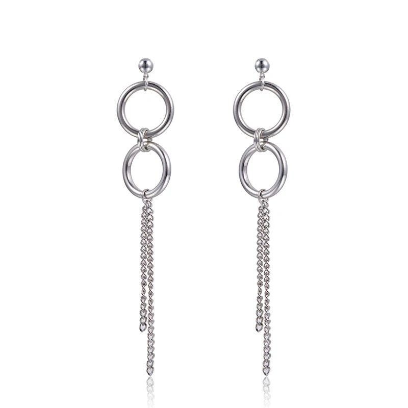 

SUKI Circle Long Kpop Earrings Korean Style Female Simple Double Circle Silver Earrings for Women Men bangtan Pretty Jewelry