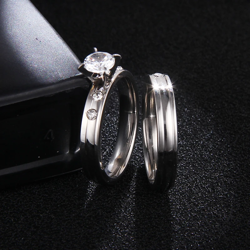 CACANA Stainless Steel Wedding Ring For Lovers IP SILVER Color Crystal CZ Couple Rings Set Men Women Engagement Wedding Rings