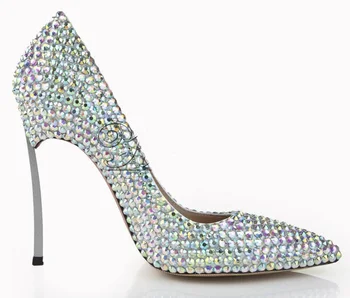 

Luxury Bling Bling Crystal Pointed Toe Pumps Silver Blade Heels Women Party Dress Shoes Sexy Slip-on Wedding Bride high heels