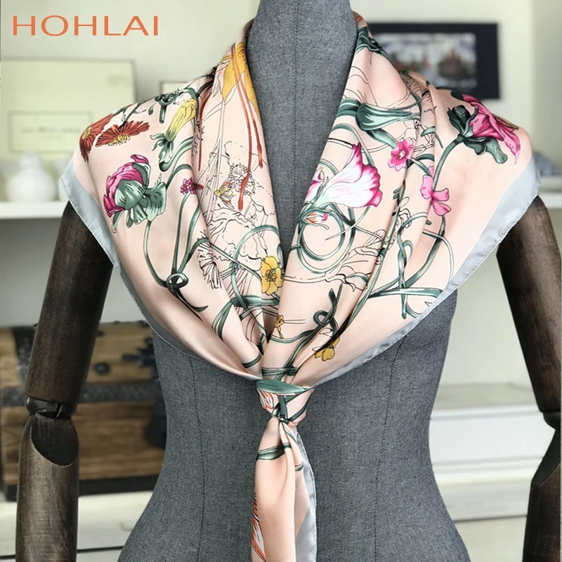 

Luxury Brand 90x90cm Design Scarf for Ladies Square Silk Scarf for Women's Hijab Scarf Fashion Flowers Painting Silk Women Scarf