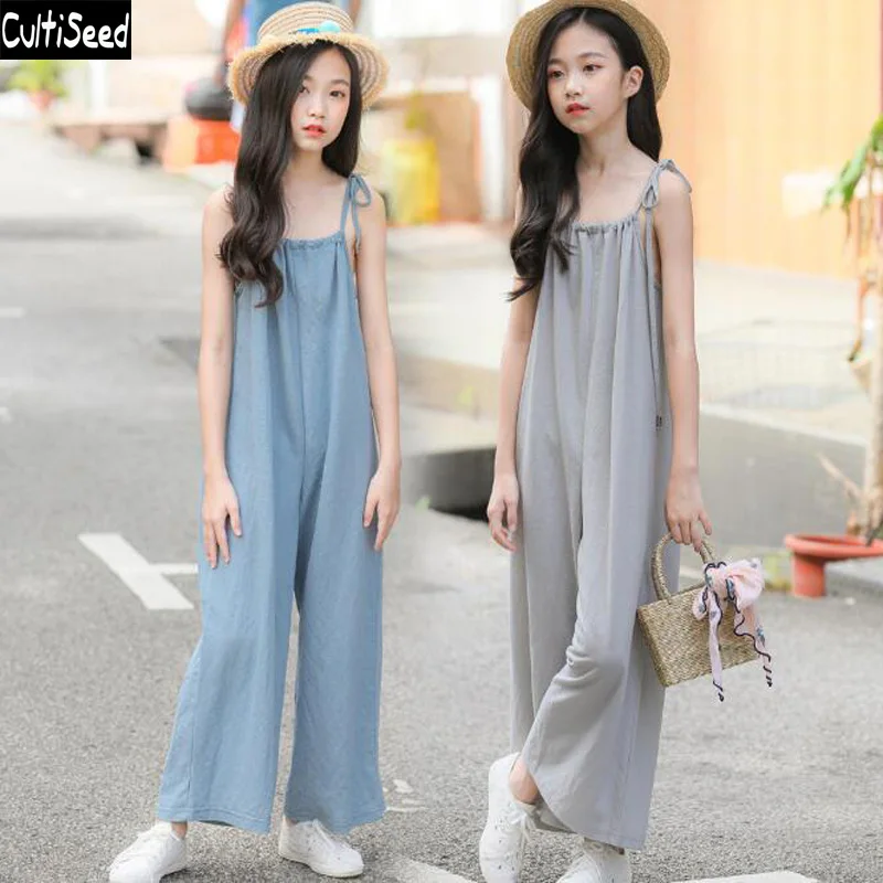 

Cultiseed Big Girl Spaghetti Strap Jumpsuit Overalls Children Solid Color Wide Leg Pants Loose Jumpsuits Kids Casual Rompers