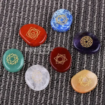 

7 Pcs/Sets Engraved Chakra Stone Palm Stone Crystal Reiki Healing With One Pouch