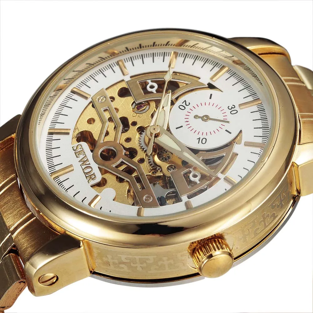 Fashion New Automatic Self-wind Skeleton Mechanical Watch Men Full Steel Mens Watches Top Brand Luxury SEWOR Relogio Masculino men luxury brand casual gold full steel band skeleton automatic self wind mechanical hand wind goden relogio for man wrist watch