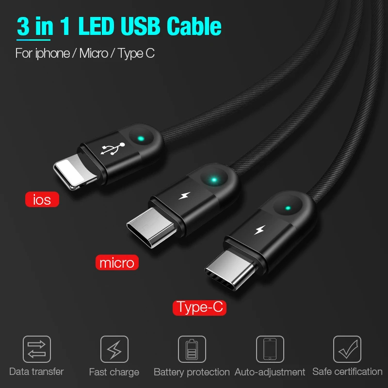 Cafele мульти светодиодный usb-кабель для iPhone кабель Micro USB C 3 в 1 Плетеный зарядный кабель для iPhone X/8 plus/7 plus