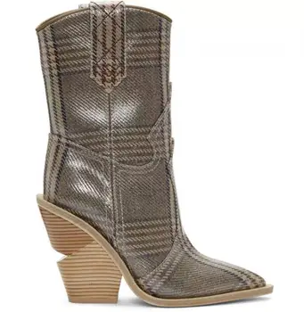 

Women Genuine Leather Boots 2019 Pointed Toe Ankle Boots Cowboy Boots WomenChunky Wedges Boots Runway Shoes