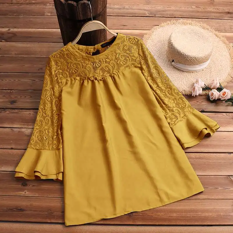 ZANZEA, Женская кружевная Лоскутная блуза рубашка, женские блузы с расклешенными рукавами, повседневная однотонная Элегантная туника, топ, Женская рабочая блуза - Цвет: Yellow