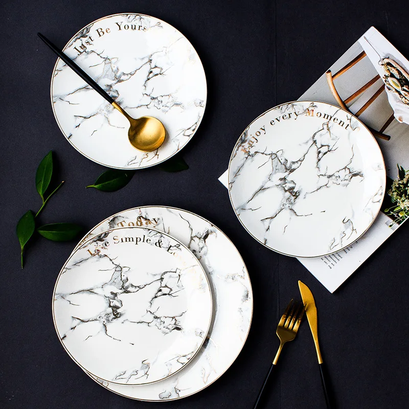 Marble Texture Inlaid with Gold Edge Ceramic Plate Disk Flat Dish Customized Wholesale Loucas Porcelana Dishes and Plates Sets Marble Texture Inlaid with Gold Edge Ceramic Plate Disk Flat Dish Customized Wholesale Loucas Porcelana Dishes and Plates Sets