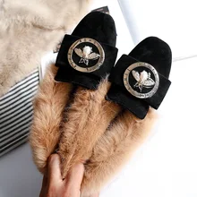 Женские теплые зимние ботинки размера плюс 34-43 обувь на меху в виде пчелы натуральная кожа, шерсть зимние женские мокасины без шнуровки на плоской подошве, повседневная обувь на плоской подошве