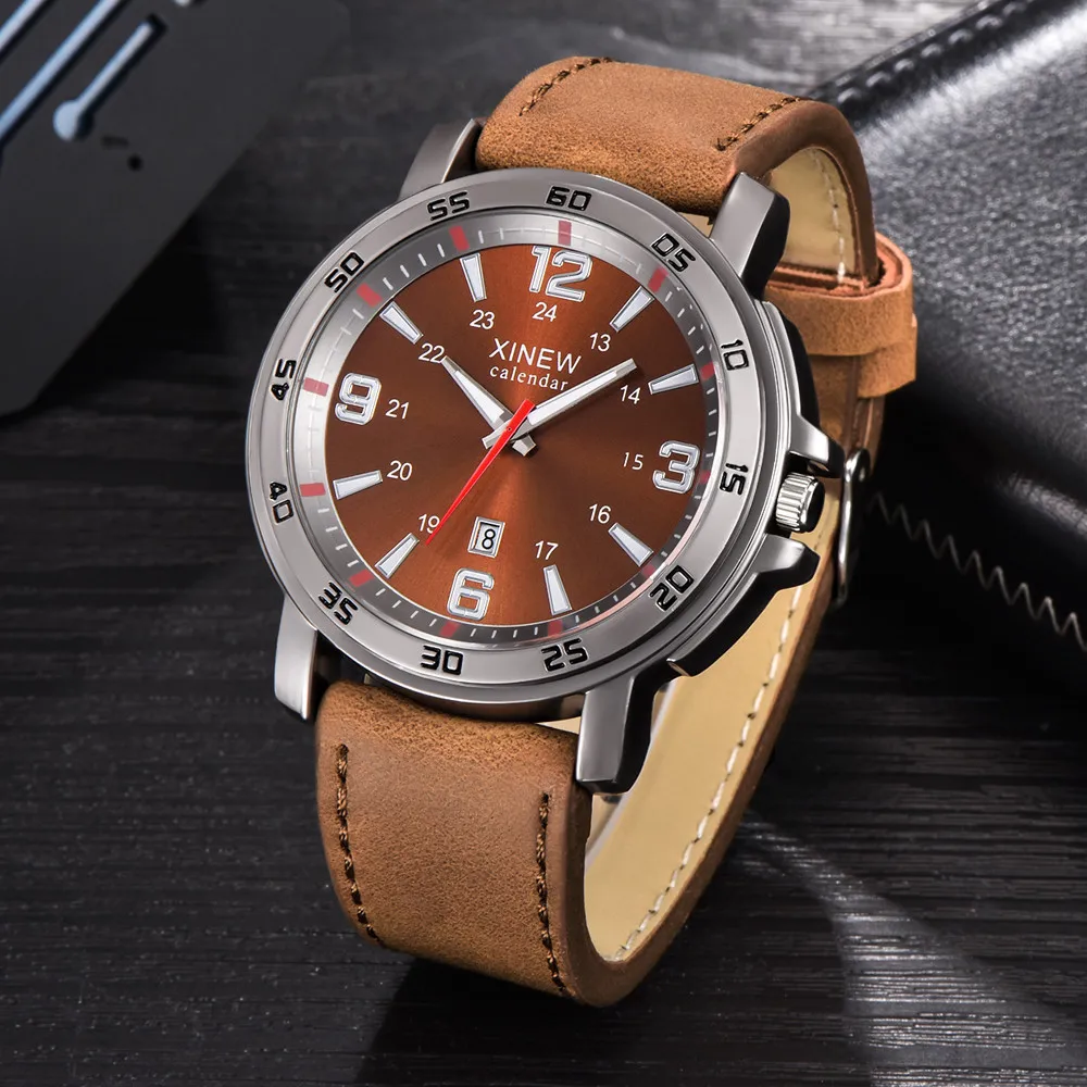 

Fashion Brand xinew Mens Sports Watch Date Calendar Sport Leather Band Analog Steel Case Quartz Wrist Watch relogio masculino