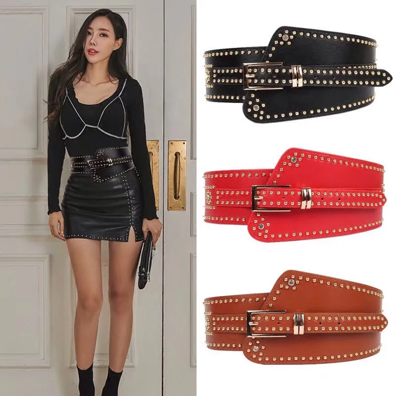 

Cool women full studded black leather belts for dresses designer handmade wide stretch belt lady rhinestone belt online