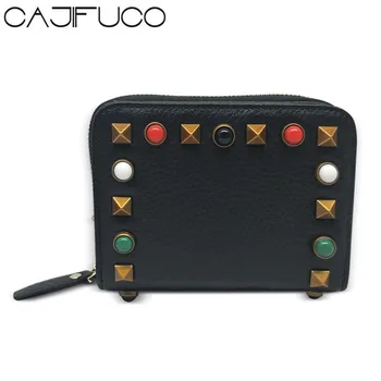 

CAJIFUCO Colorful Metal Rivet Short Wallet Genuine Leather Zipper Card Wallet Stud Credit Card Holder Hasp Wallet Porte Carte