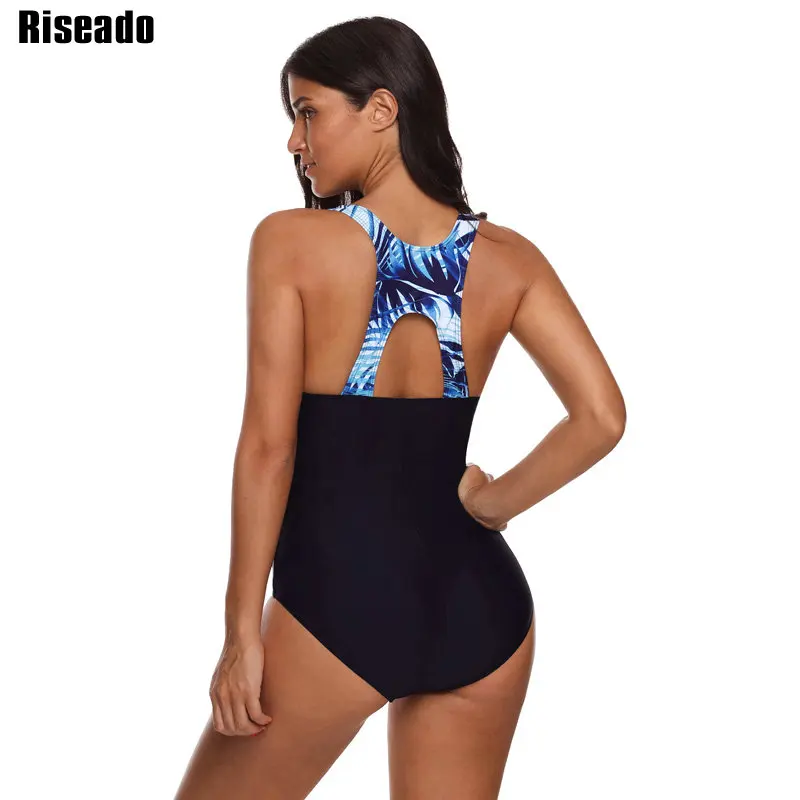 Riseado Sport Swimming Suits for Women One Piece Swimsuit 2019 Patchwork Digital Print Swimwear Women Racer Back Bathing Suits