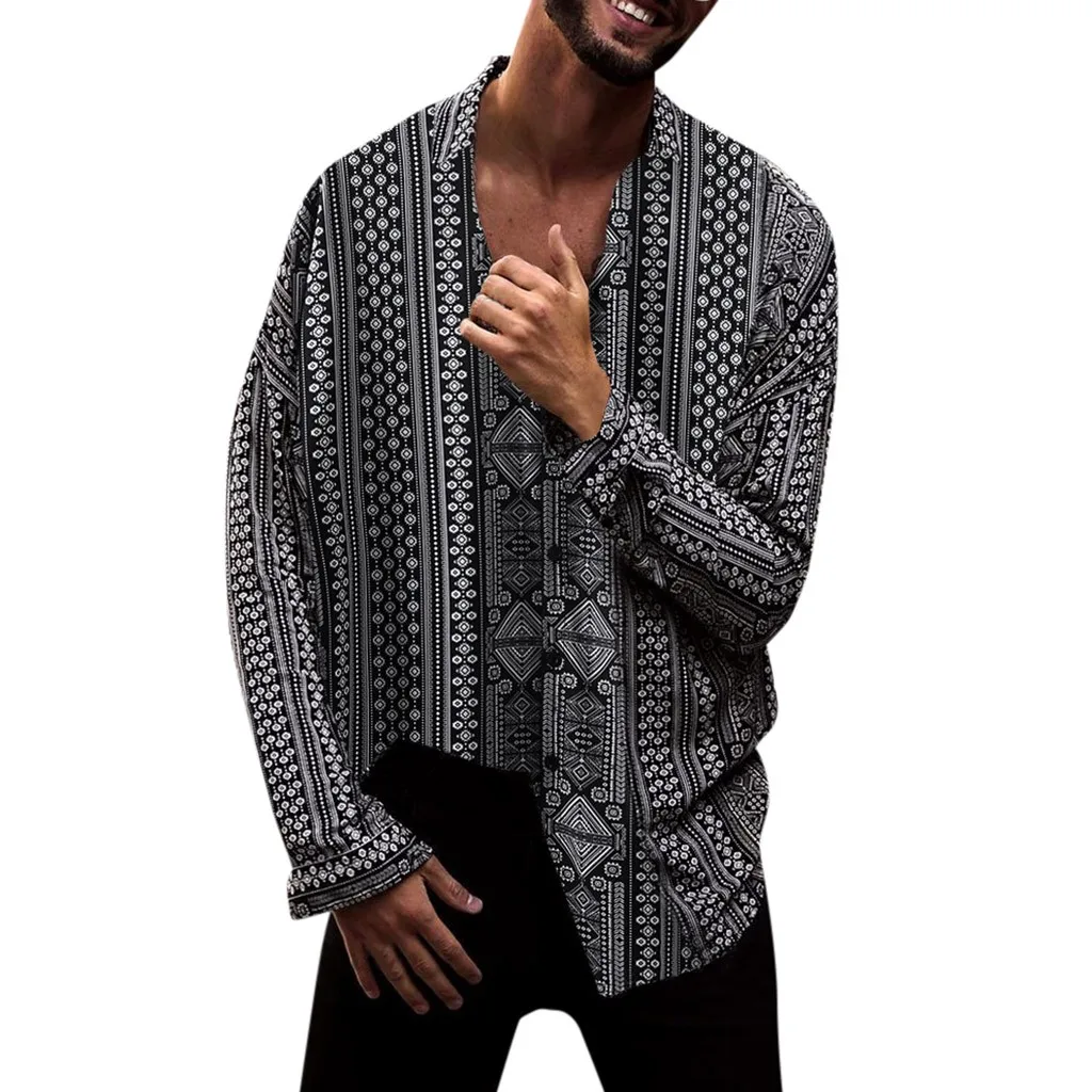 

JAYCOSIN 2019 New Autumn Men Shirts Baggy Beach Print Long Sleeve Button Trun-down Collar Tops Blouse streetwear camisas 9712