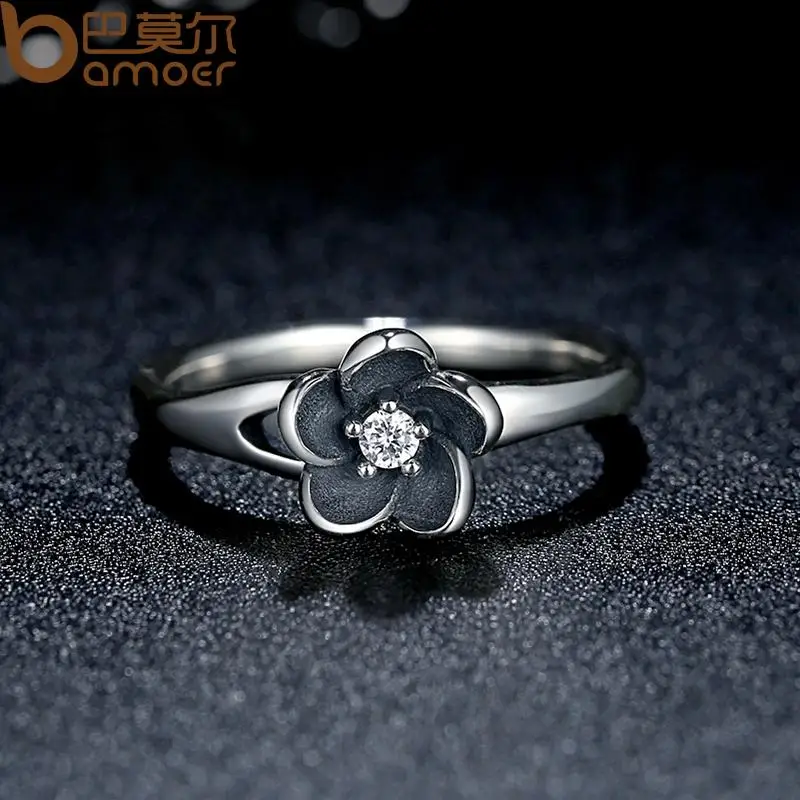 BAMOER New Collection Authentic Mystic Floral Flower Stackable Ring CZ & Black Enamel 925 Sterling Silver Jewelry PA7154