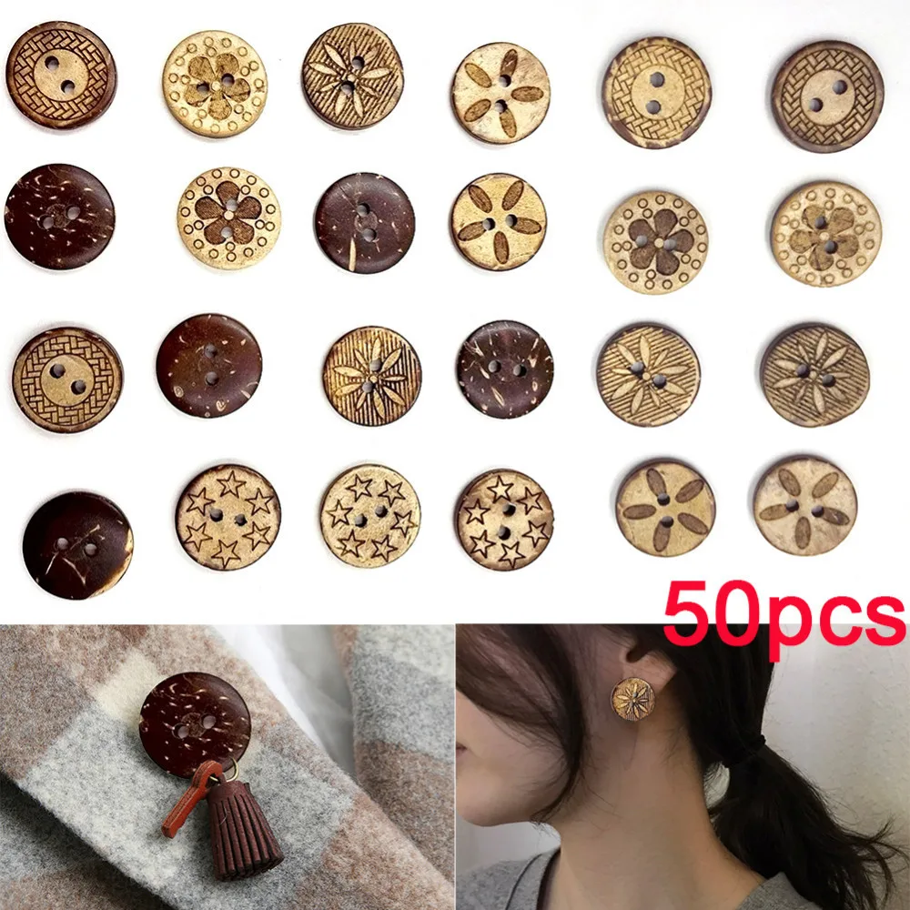 

50pcs/lot 18mm /0.71in Carved Round Button Craft with Two Holes Assorted Pin Sewing Retro Buttons DIY Home Decors