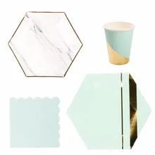 RiscaWin Gold Foil Hexagon Party Paper Plates Baby Shower Birthday Wedding Party Supplies Disposable Tableware Set