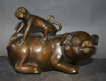 

wedding decoration 8" Old China Folk Fengshui Bronze Zodiac Animal Monkey Ride Pig Art lucky Statue