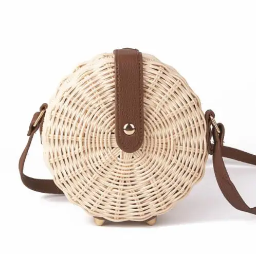 

Beach Bags Rattan Vintage Art Hand-woven PU Belt Handmade Crossbody Leather Round