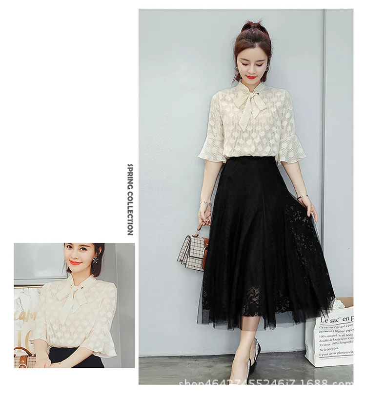 Trumpet Cuff Half Sleeve Bow Neckline Elegant Blouse Black Gauze Skirt Women 2 Piece Set Suit Summer Spring (7)