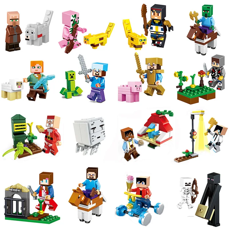 

8Pcs/Lot Minecrafted Steve Alex Zombie Enderman Reuben Skeleton Weapon Action Figures Toys Compatible With LegoINGlys Blocks