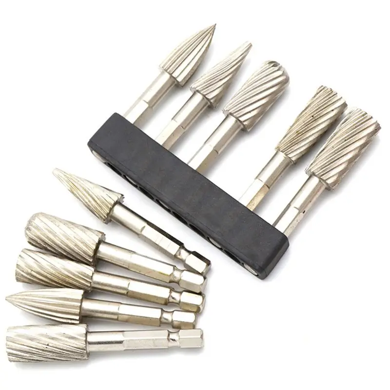 5pcs 1/4" Hex Shank HHS Rotary Wood Carving Burr File Rasp Drill Bit Set for Woodworking Engraving Rotating Grind Polisher