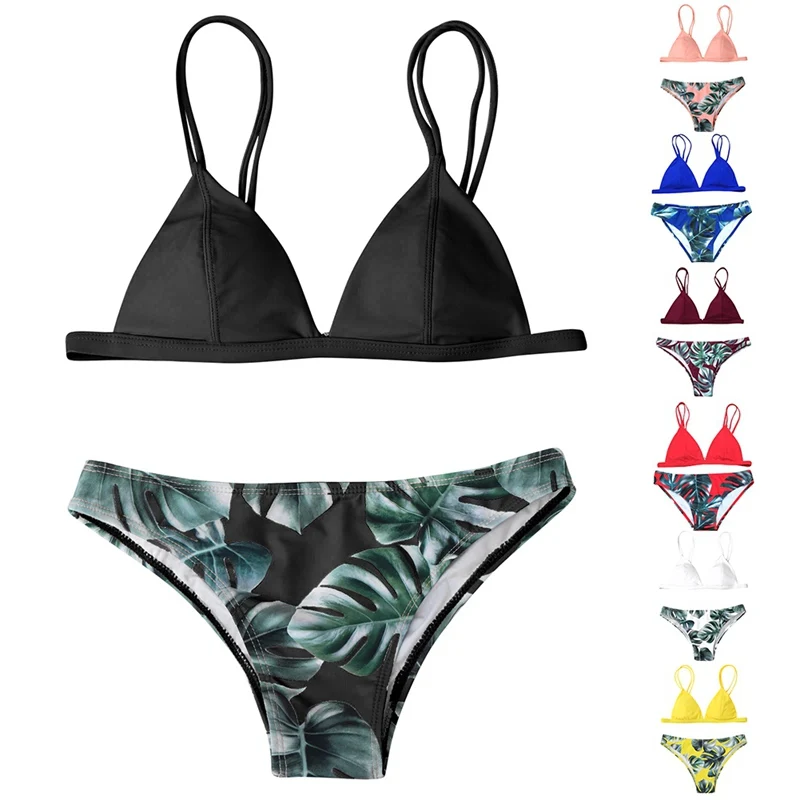 Women Sexy Plant Pattern Print Lace-up Halter Strap Split Swimsuit Bikini Set Women Sexy Plant Pattern Print Lace-up Halter Strap Split Swimsuit Bikini Set