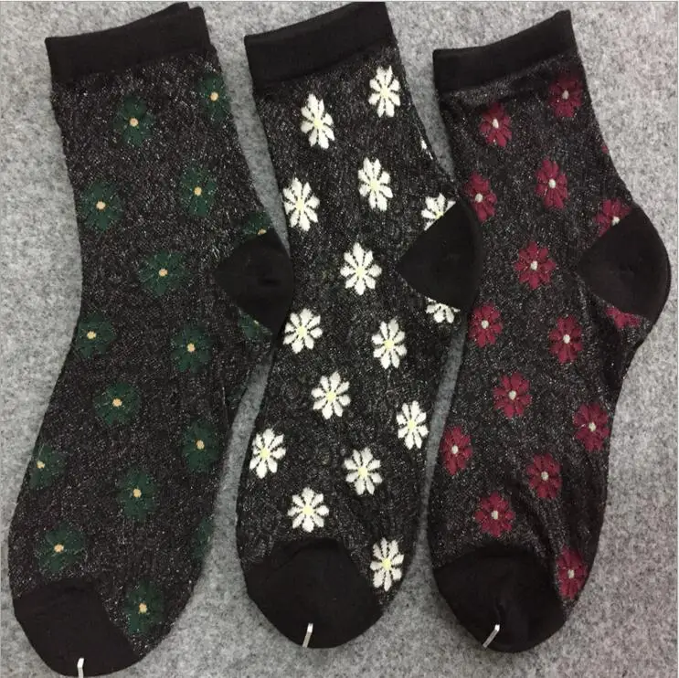 wholesale female socks black flower shinning silk socks high quality