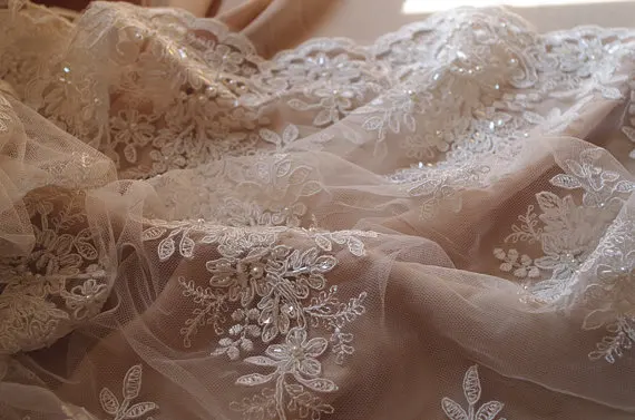 

ivory beaded cord lace fabric, sequined lace fabric by the yard 5yards