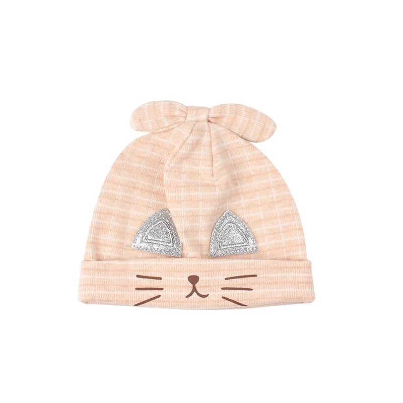 Хлопковая детская шапка с рисунком кота для новорожденных девочек, милая детская шапочка с рисунком, шапка для новорожденных мальчиков, весенне-осенняя одежда для маленьких девочек 0-3 месяцев - Цвет: Beige