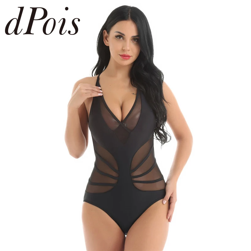 

Womens One Piece Halter Neck Plunge Deep V Front Backless Padded Mesh Splice Monokini Swimsuits With Removeable Pads Beachwear