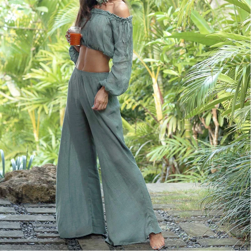 

Women Casual Loose Wide Leg Pants Beach Pants High Waist Long Flare Trousers Pants White Green Black Beachwear Fashion