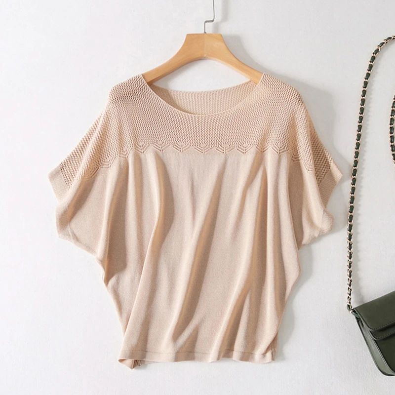 

Shintimes 2019 Summer Knitted Hollow Out Tshirts Women Casual Batwing Sleeve T-Shirt Loose Solid Tops O-Neck Tee Shirt Femme
