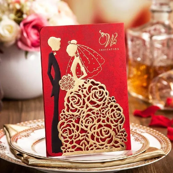 

High Class Couple Wedding Invitations Golden Red Laser Cut Printing Convites De Casamento Invitation Cards with envelope