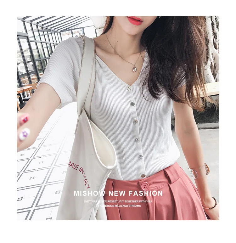Mishow трикотажная футболка женская летняя новая Корейская версия саморазвитие короткий параграф v-образным вырезом рубашка MX19B5228