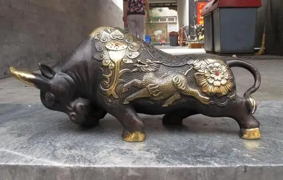 

China Bronze Made lotus flower Dragon kylin OX Bull fengshui wealth Statue